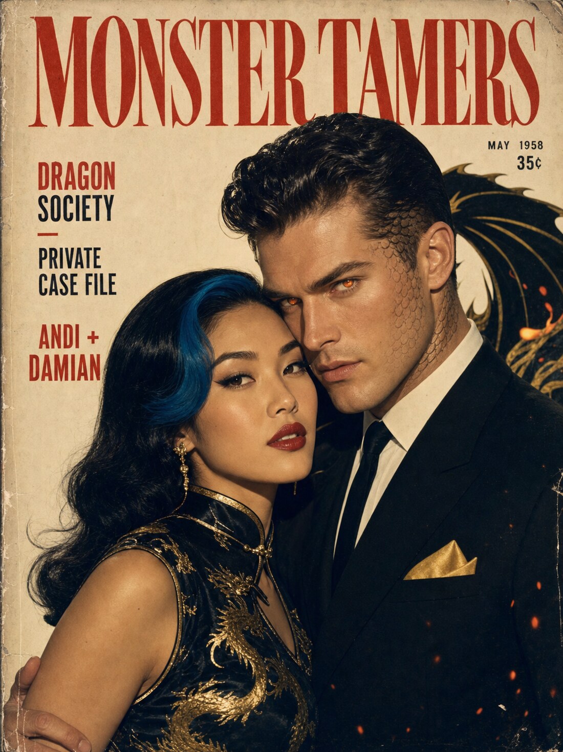 Andi & Damian — Monster Tamers Magazine cover, May 1958, Dragon Society Private Case File
